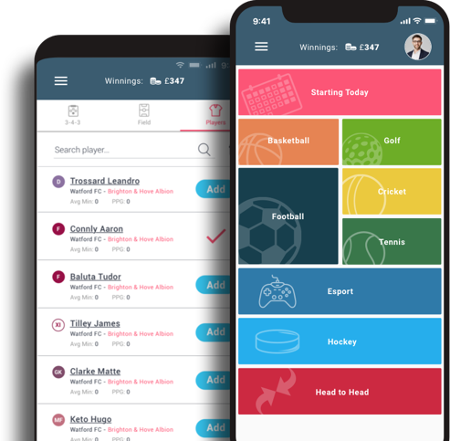 SpinesFun app - pantallas de seleccion de jugadores y categorias deportivas